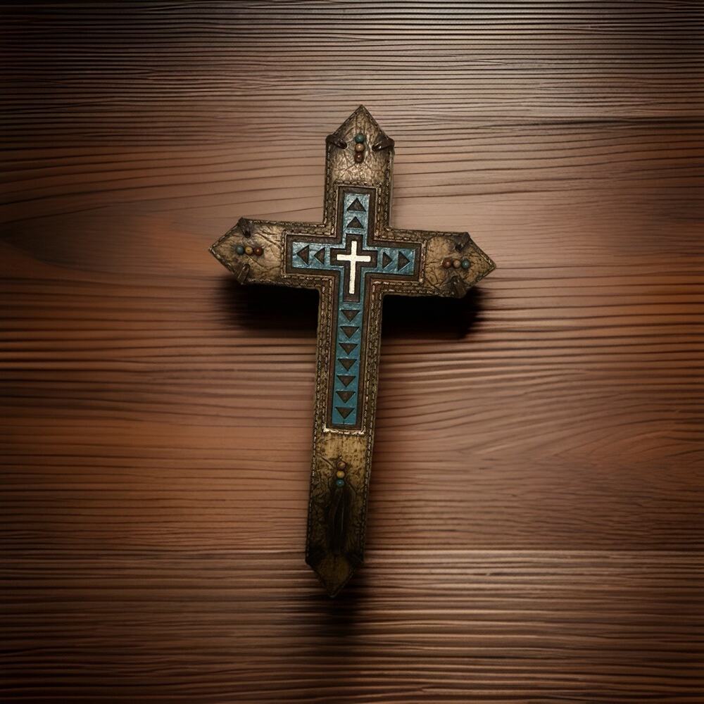 Southwestern Native American Cross Wall Hanging Beads & Leather Detail 12” H